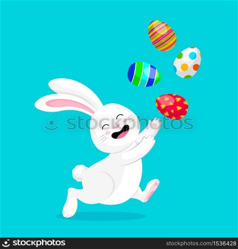 Cute white rabbit with Easter eggs. Cartoon character design. Easter holiday concept. Vector illustration isolated on blue background.