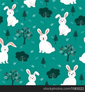 Cute white rabbits the gang seamless pattern on green background for kid product,fashion,fabric,textile,print or wallpaper,vector illustration