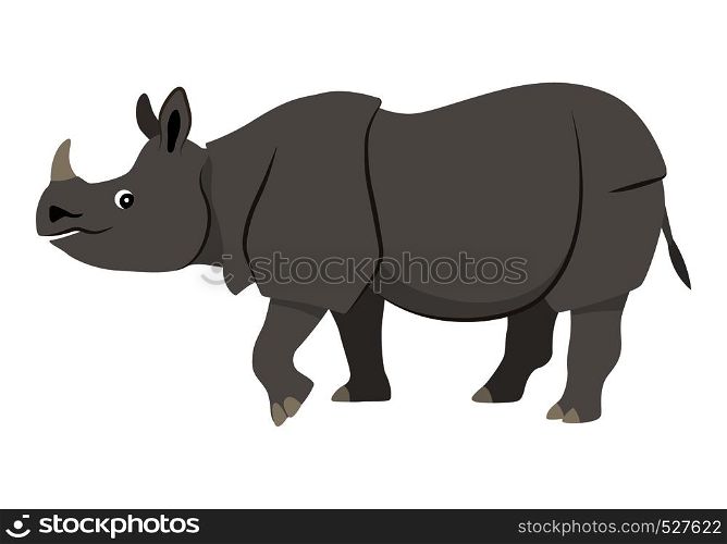 Cute wild animal with horn on nose, gray walking rhinoceros icon, vector illustration isolated on white background. Cute wild animal, gray walking rhinoceros icon