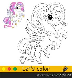 Cute winged unicorn with a long mane and tail. Coloring book page for children with colorful template. Vector cartoon illustration. For education, print, game, decor, puzzle, design. Cute little unicorn with a wings coloring book page