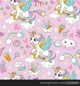 Cute winged unicorns with sweets and magic elements seamless pattern on pink background. Vector hand drawn illustration for print, wallpaper, design, decor, goods, bed linen and apparel. Cute winged unicorns with magic elements vector seamless pattern