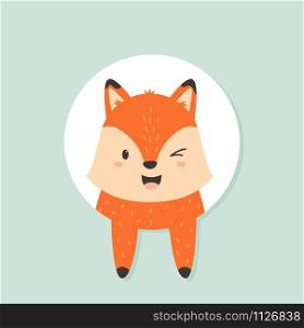 Cute winking fox looking out from greeting card. Vector illustration for birthday card, greetings, Baby Shower. Cute winking fox looking out from greeting card.