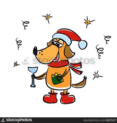 Cute winter card with dog in red hat,scarf,hand drawn vector illustration. Cute winter card with dog in red hat,scarf