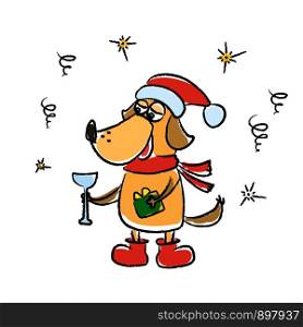 Cute winter card with dog in red hat,scarf,hand drawn vector illustration. Cute winter card with dog in red hat,scarf