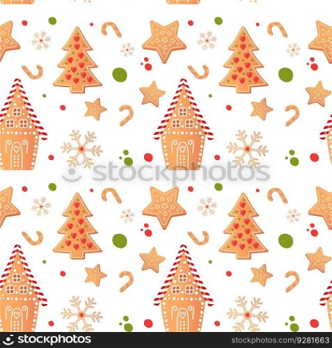 Cute Winter hand drawn seamless patterns set for your decoration, vector illustration. Gingerman house and tree pattern