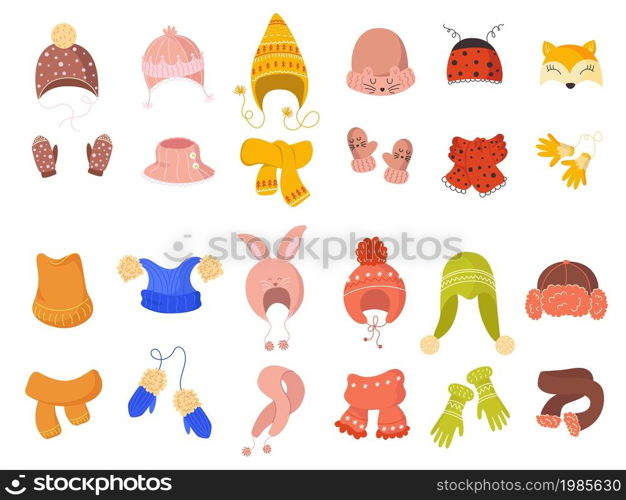 Cute winter hats. Funny color kids caps, scarves and mittens, knitted warm clothes with pompoms, tassels and ears on woolen warm headwear, christmas accessories vector cartoon flat style isolated set. Cute winter hats. Funny color kids caps, scarves and mittens, knitted warm clothes with pompoms, tassels and ears on woolen warm headwear, christmas accessories vector isolated set