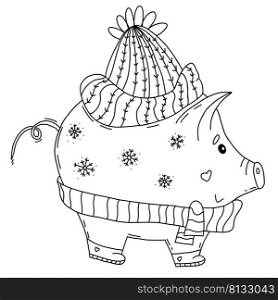 Cute winter pig in hat and scarf. Vector illustration in linear hand doodle style. Pig piggy bank and seasonal money saving concept. Outline, linear sketch character for design and decor
