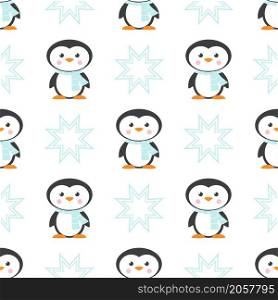 Cute winter seamless pattern with cartoon penguin characters and snow.