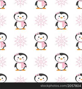 Cute winter seamless pattern with cartoon penguin characters and snow.