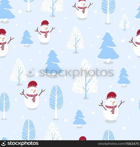 Cute winter seamless pattern with snowman,snow,tree for Christmas holiday