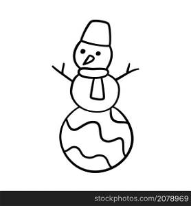 Cute winter snowman in doodle style. Hand drawn snowman with scarf. Children drawing. Vector illustration isolated on white background.. Cute winter snowman in doodle style. Hand drawn snowman with scarf. Children drawing. Vector illustration isolated on white background
