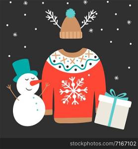 Cute winter vector illustration with warm sweater, hat, snowman and gift. Cute winter illustration