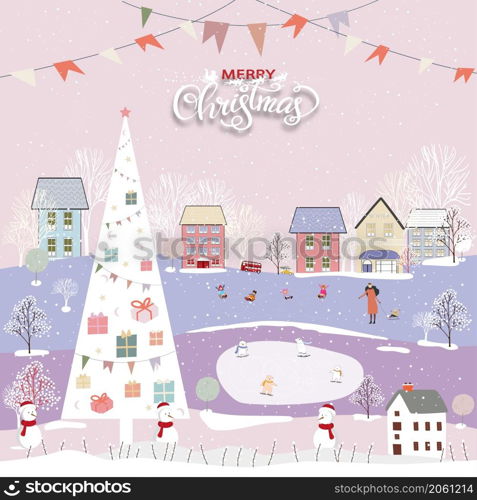 Cute Winter wonderland lanscape in the town with houses,polar bear and kids playing ice skates, trees and car, Cartoon flat design in winter city life in holiday eve,Christmas and new year background