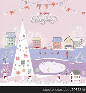 Cute Winter wonderland lanscape in the town with houses,polar bear and kids playing ice skates, trees and car, Cartoon flat design in winter city life in holiday eve,Christmas and new year background