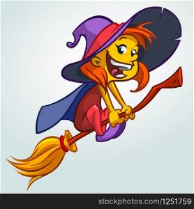 Cute witch flying on her broom. Vector Halloween illustration of witch isolated on white background.