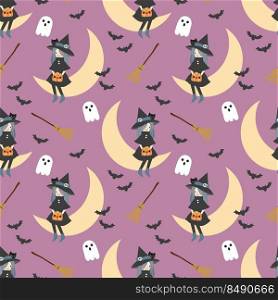 Cute Witch Sit on the Moon Seamless Pattern