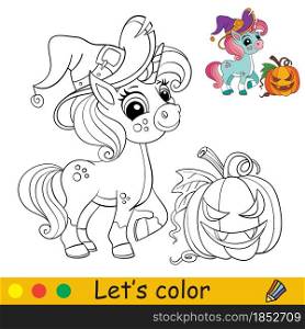 Cute witch unicorn and pumpkin. Halloween concept. Coloring book page for children. Vector cartoon isolated illustration. For coloring book, education, print, game, decor, puzzle,design. Cute witch unicorn coloring book page Halloween