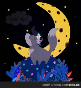Cute Wolf Howling at Moon. Funny Baby Wolfling in Flower Wreath with Glowing Star on Nose Stand on Field with Plants under Starry Sky Howl Good Night, Nighttime Wishes Cartoon Flat Illustration. Cute Wolf Howling at Moon. Funny Baby Wolfling