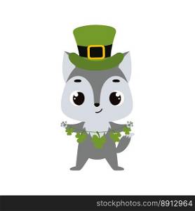 Cute wolf in green leprechaun hat with clover. Irish holiday folklore theme. Cartoon design for cards, decor, shirt, invitation. Vector stock illustration.