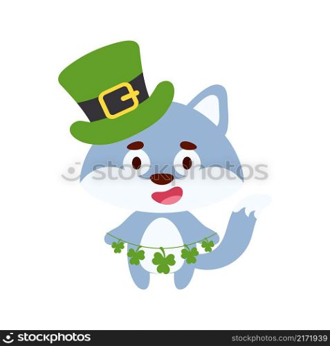 Cute wolf in St. Patrick&rsquo;s Day leprechaun hat holds shamrocks. Irish holiday folklore theme. Cartoon design for cards, decor, shirt, invitation. Vector stock illustration.