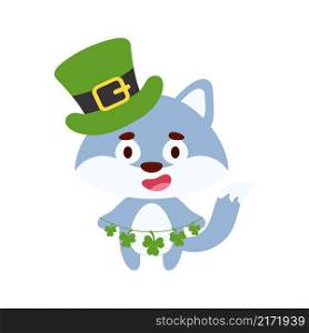 Cute wolf in St. Patrick&rsquo;s Day leprechaun hat holds shamrocks. Irish holiday folklore theme. Cartoon design for cards, decor, shirt, invitation. Vector stock illustration.