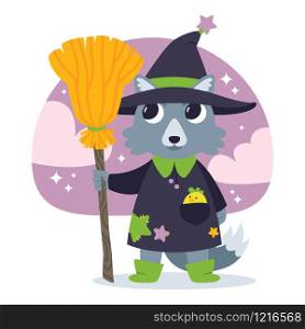 Cute wolf sorcerer with a chicken in his pocket, in the witch&rsquo;s hat and with the witch&rsquo;s broom. Adorable witch. Happy Halloween illustration. October 31th holiday vector illustration.