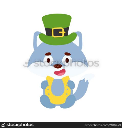 Cute wolf St. Patrick&rsquo;s Day leprechaun hat holds horseshoe. Irish holiday folklore theme. Cartoon design for cards, decor, shirt, invitation. Vector stock illustration.