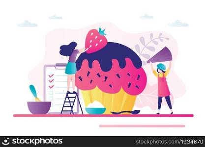 Cute woman decorates cupcake with strawberries. Concept of the production of sweets, dessert business. Professional confectionery chef. Female characters working conditioner. Flat vector illustration. Cute woman decorates cupcake with strawberries. Concept of the production of sweets, dessert business. Professional confectionery chef