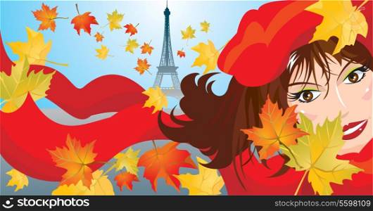 Cute woman face with red scarf and beret and maple leafs and eiffel on background - autumn paris landscape picture