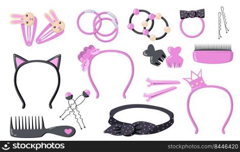 Cute woman hair accessories flat illustration set. Cartoon elastic bands, bows and plastic hoops for head isolated vector illustration collection. Stylist salon and beauty concept