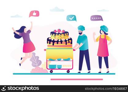 Cute woman happy with her order. Confectioners prepared big cake for client. Two uniformed pastry chefs delivering dessert. Concept of bakery shop, teamwork and business. Flat vector illustration. Cute woman happy with her order. Confectioners prepared big cake for client. Two uniformed pastry chefs delivering dessert