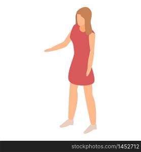 Cute woman in red dress icon. Isometric of cute woman in red dress vector icon for web design isolated on white background. Cute woman in red dress icon, isometric style