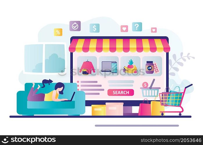 Cute woman lies with laptop on couch. Female character buys different goods in internet store. Various products on computer screen, marketplace. Online shop, e-commerce concept. Vector illustration. Various products on computer screen, marketplace. Online shop, e-commerce concept.