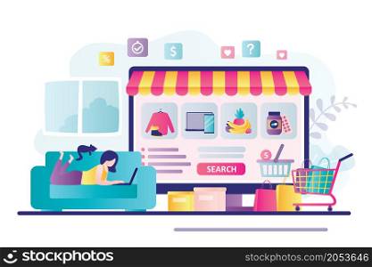 Cute woman lies with laptop on couch. Female character buys different goods in internet store. Various products on computer screen, marketplace. Online shop, e-commerce concept. Vector illustration. Various products on computer screen, marketplace. Online shop, e-commerce concept.