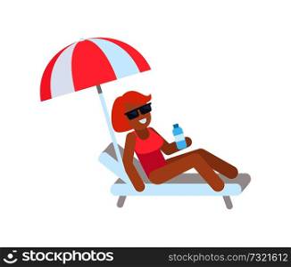 Cute woman on vacation, color vector illustration, outdoor rest banner, striped umbrella and white lounger, water bottle, happy girl on summer rest. Cute Woman on Vacation Color Vector Illustration
