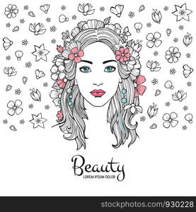 Cute woman portrait. Glamour fashion young beautiful woman flowers in hair and smile face vector background with place for your text. Illustration of face portrait, fashion young woman. Cute woman portrait. Glamour fashion young beautiful woman flowers in hair and smile face vector background with place for your text