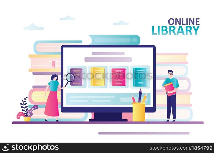 Cute woman with magnifying glass looking for book. Bookstore on computer screen. Male character holds book. Concept of online library, web archive and education. Trendy flat vector illustration. Cute woman with magnifying glass looking for book. Bookstore on computer screen. Male character holds book. Concept of online library, web archive and education