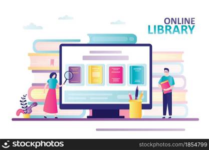 Cute woman with magnifying glass looking for book. Bookstore on computer screen. Male character holds book. Concept of online library, web archive and education. Trendy flat vector illustration. Cute woman with magnifying glass looking for book. Bookstore on computer screen. Male character holds book. Concept of online library, web archive and education