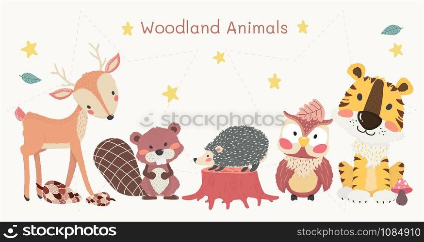 cute woodland animals clip art set, tiger, reindeer, owl, beaver, and hedgehog