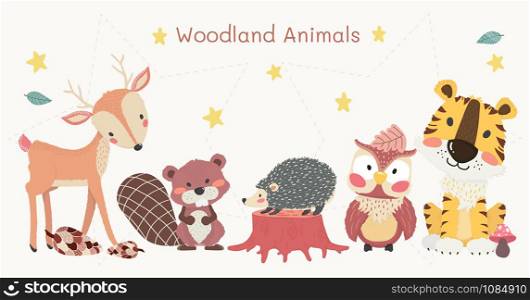 cute woodland animals clip art set, tiger, reindeer, owl, beaver, and hedgehog