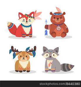Cute woodland animals set. Fox, bear, raccoon, deer with tribal ornaments. Vector illustration for boho style, cartoon characters, red Indian culture concept