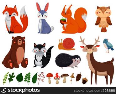Cute woodland animals. Wild animal, forest flora and fauna elements. Fox, deer and hedgehog character or mushroom and leaves. Isolated cartoon vector illustration icons set. Cute woodland animals. Wild animal, forest flora and fauna elements isolated cartoon vector illustration set