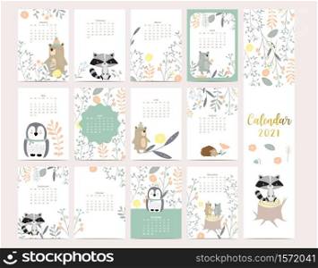 Cute woodland calendar 2021 with bear, skunk, penguin, leaves for children, kid, baby