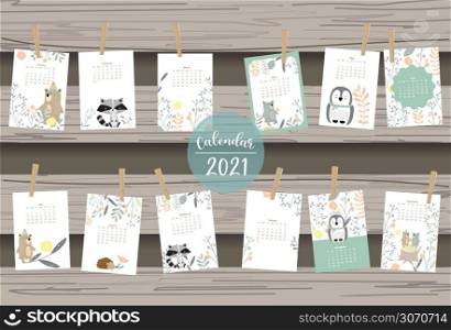 Cute woodland calendar 2021 with bear, skunk, penguin, leaves for children, kid, baby