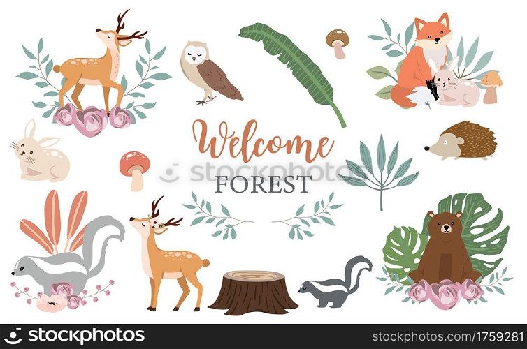 Cute woodland object collection with bear,owl,fox,skunk,mushroom and leaves.Vector illustration for icon,sticker,printable