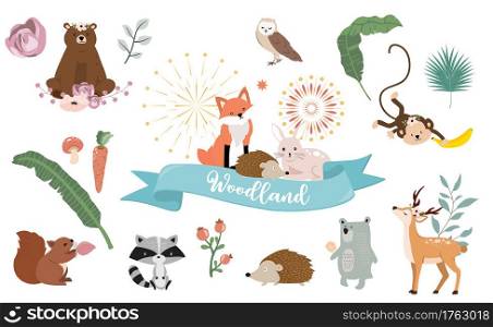Cute woodland object collection with bear,owl,fox,skunk,mushroom and leaves.Vector illustration for icon,sticker,printable