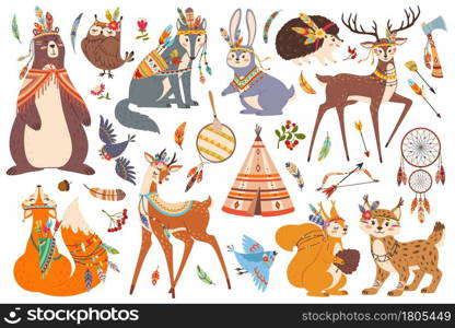 Cute woodland tribal animals, boho tribe forest animal. Fox, owl, wolf, bear, deer characters with american indian ethnic elements vector set. Floral and leather folk decoration, fauna. Cute woodland tribal animals, boho tribe forest animal. Fox, owl, wolf, bear, deer characters with american indian ethnic elements vector set