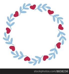 Cute wreath with hearts and leaves. Round leaf frame. Circular rim valentines day. Card with herbal and red hearts vector illustration. Cute wreath with hearts and leaves