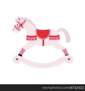Cute xmas rocking white horse with pink ruffle with hearts. Wooden swinging horse toy. Kids First Toys for newborn babies. Cowboy toy with wheels. Merry Christmas and New Year. Flat vector.