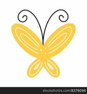 Cute yellow butterfly on white background. Vector doodle illustration. Postcard decor element.